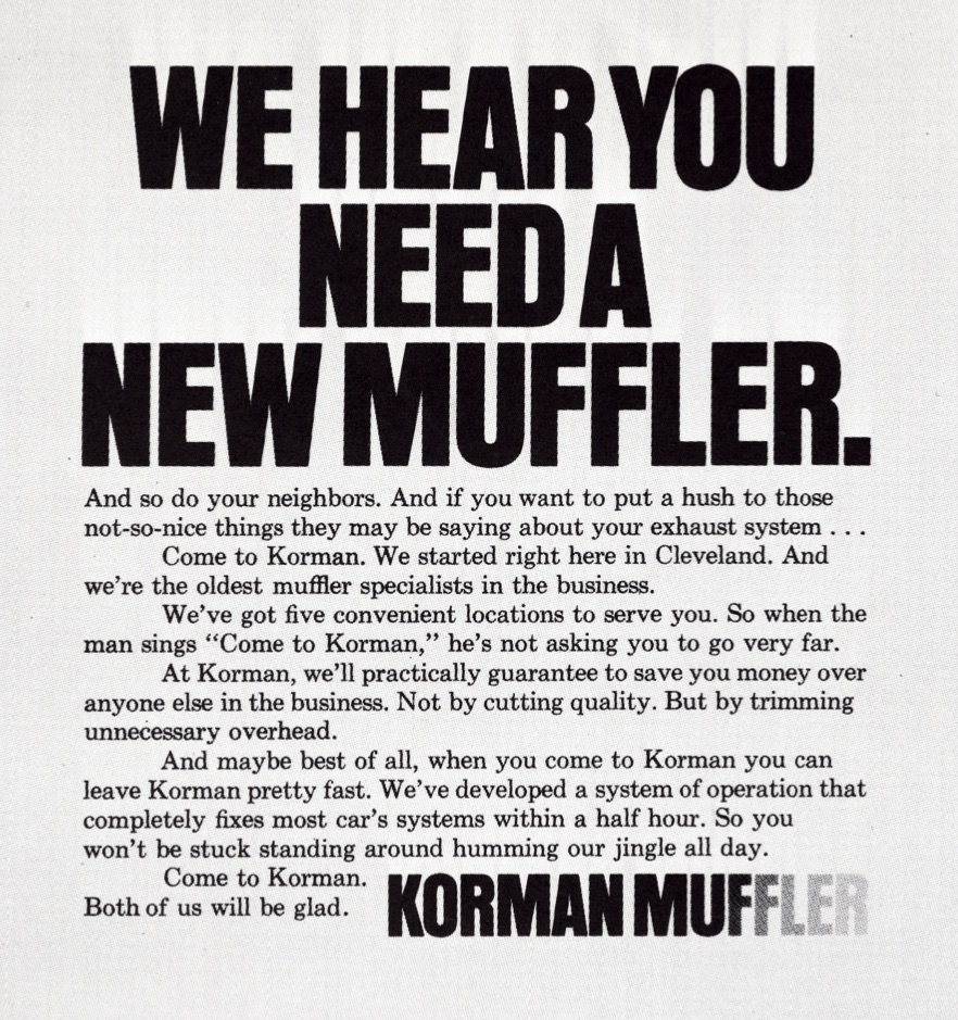 Korman Muffler copy-driven ad